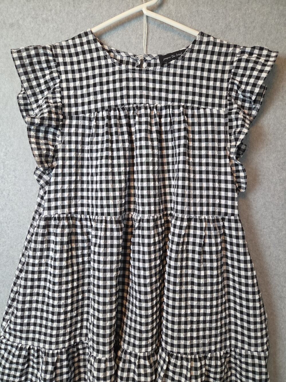 Jacquie The Label Black White Gingham Tiered Mini Dress Sz Lrg Pockets Stretch